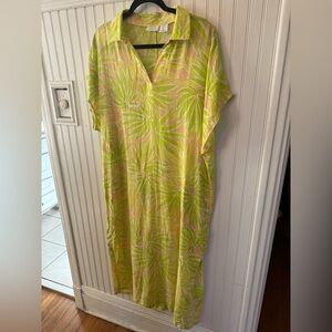 Sigrid Olsen Linen Tropical Print Large Maxi Dress